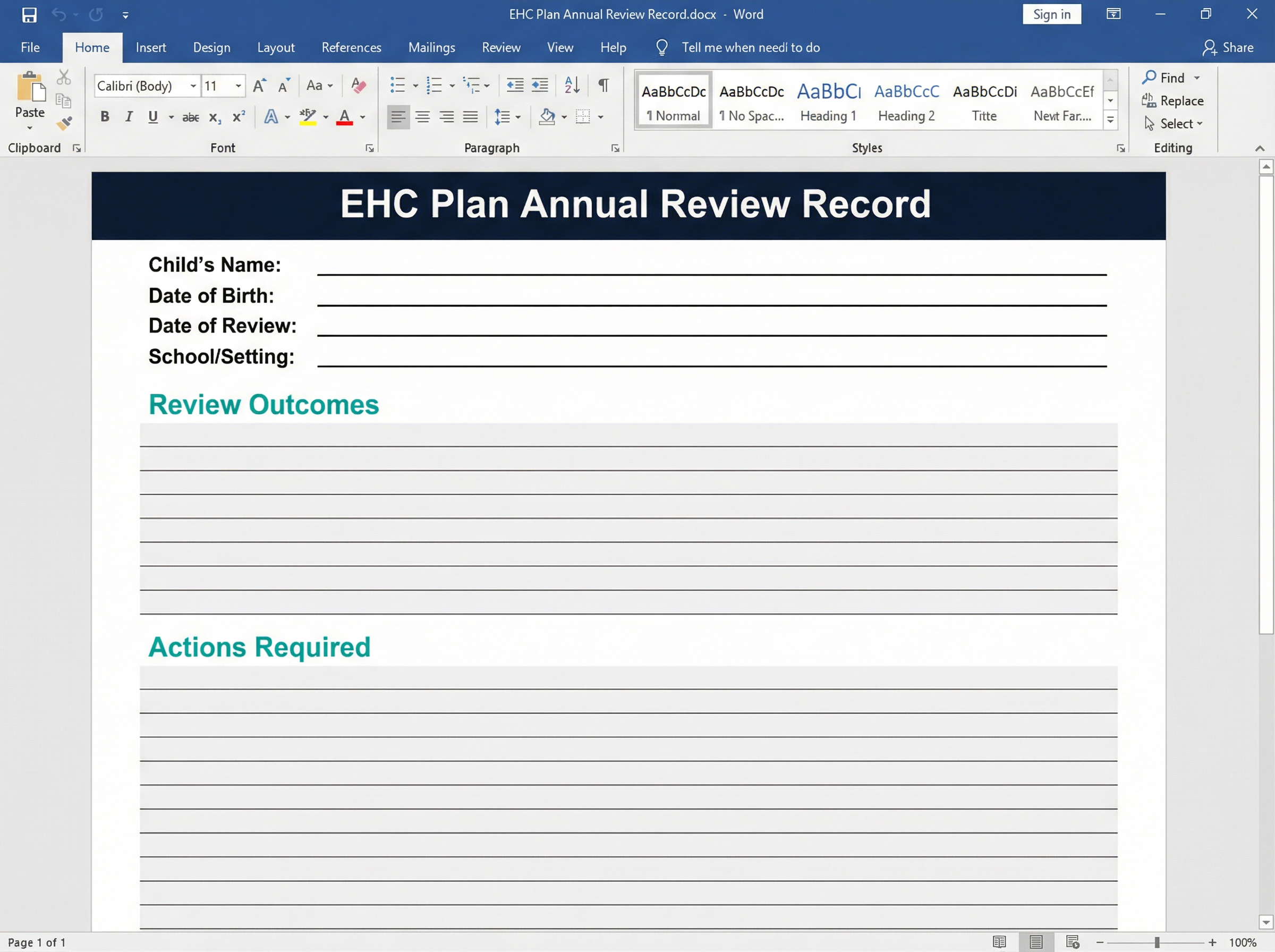 EHC Plan Annual Review Record Preview